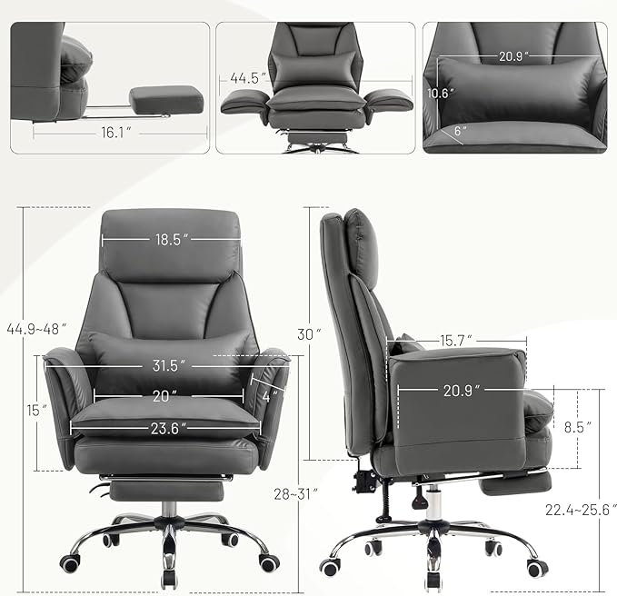 Furniliving Big and Tall Office Chair, Executive Reclining Computer Gaming Chair with Foot Rest, Flip Armrest & Lumbar Pillow, Thicken Wider Seat for Criss Cross Legged Sitting, Desk Chair, PU, Grey