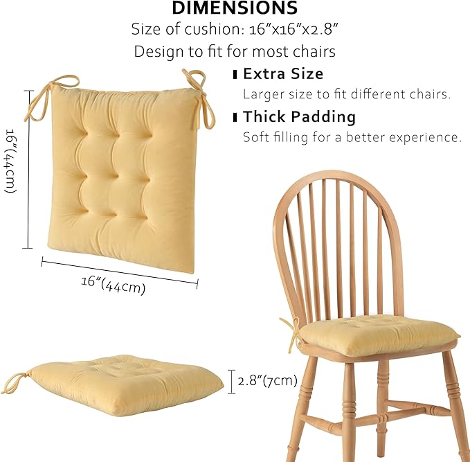 ELFJOY 4 Pack Chair Cushions for Dining Chairs Indoor Kitchen Seat Cushions with Ties Tufted Square Seat Pas for Kitchen Dining Office Room (16" Cream Yellow Velvet)