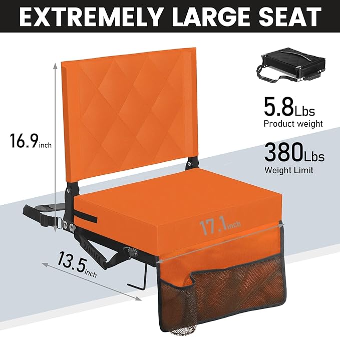 Sheenive Stadium Seats for Bleachers with Back Support, Bleacher Seats with Backs and Cushion Wide, Padded Portable Folding Comfort Stadium Chair with Shoulder Strap, Perfect for Sports Events, Orange