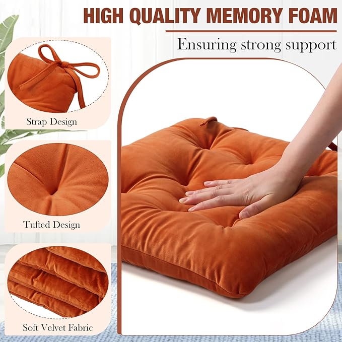 Nuanchu Memory Foam Chair Cushions Set of 4, Thick Indoor Seat Cushions for Dining Chairs Tufted Seat Pads for Kitchen, Dining Room, Office,(Orange,16.5"x16.5"x4")