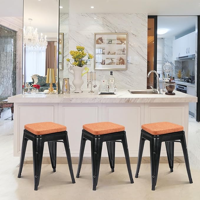 BUYUE Friendly Woven Fabric Magnetic Bar Stool Cushions Set of 4, Enhanced Anti-Slip Breathable Small Chair Seat Pads for Café Bistro Stackable Metal Stools (Square, Orange, 4 Counts)