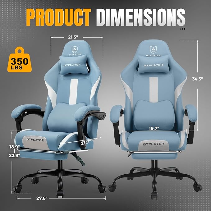 GTPLAYER Gaming Chair with Foot Rest & Pocket Spring Cushion, Ergonomic High Back Computer Desk Chair with Headrest & Lumbar Support for Back Pain Relief, Breathable Fabric, Blue