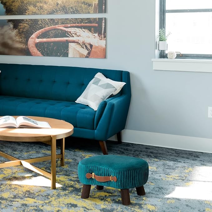 LUE BONA Small Curved Foot Stool with Handle, Teal Velvet Footstool and Ottomans, Modern Foot Rest with Wooden Legs, Step Stool with Padded Seat for Couch, Living Room