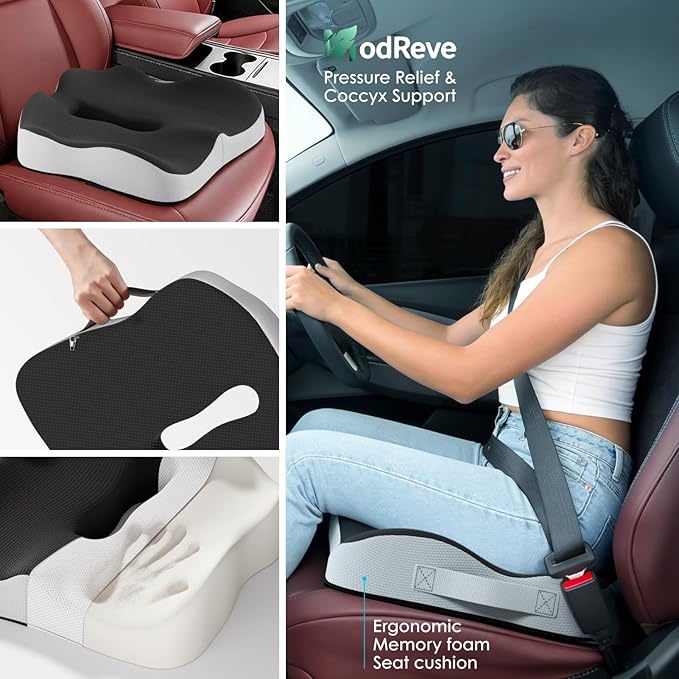 Car Seat Cushion, Extra Large Memory Foam Cushion with Adjustable Strap for Truck Drivers & Long Driving, Orthopedic Sciatica and Tailbone Pain Relief, Comfort Support for Travel Essentials