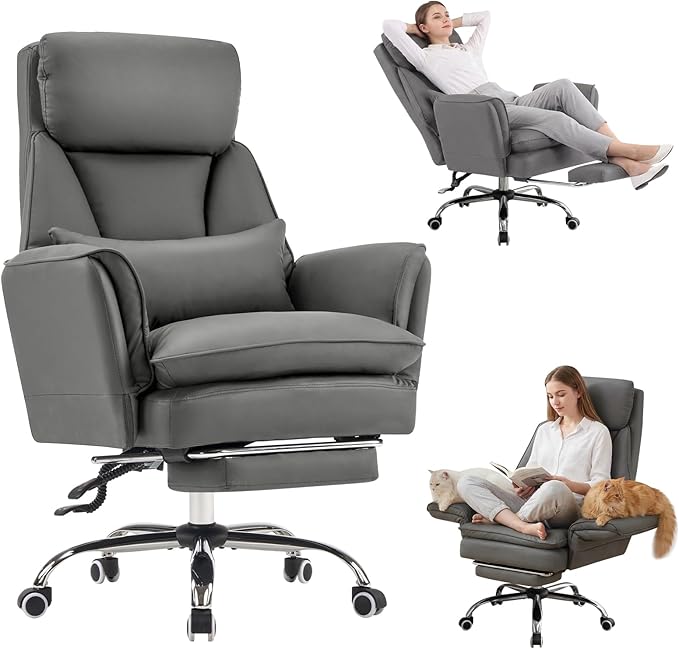 Furniliving Big and Tall Office Chair, Executive Reclining Computer Gaming Chair with Foot Rest, Flip Armrest & Lumbar Pillow, Thicken Wider Seat for Criss Cross Legged Sitting, Desk Chair, PU, Grey