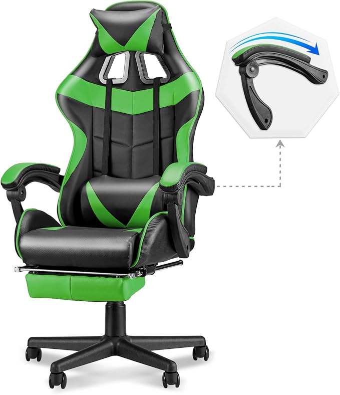 Soontrans Gaming Chair Green,Racing Gaming Chair with Footrest,Ergonomic Computer Gamer Chair,Game Chair with Adjustable Headrest and Lumbar Support