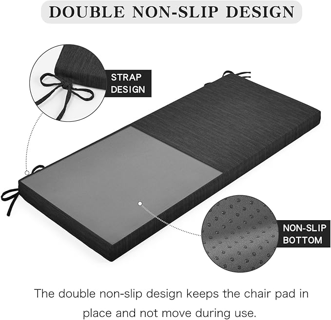 baibu 59 Inch Classic Solid Color Bench Cushion with Ties, Non-Slip Indoor Rectangle Bench Seat Cushion Standard Size Foam Pad with Machine Washable Cover (Black, 59x16x1.5Inch)