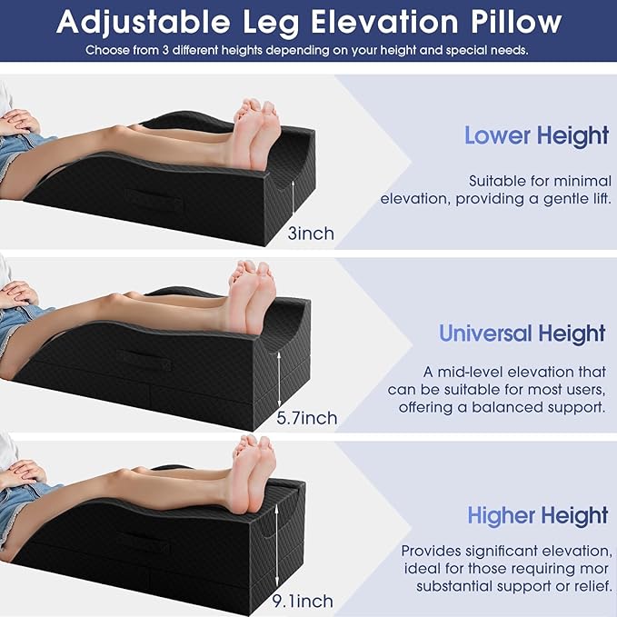 CushZone Leg Pillow, Leg Elevation Pillow with Pad and Memory Foam, Height Adjustable Bolster Pillow for Legs, Leg Pillow Elevation Blood Circulation, for Post-Surgery, Black