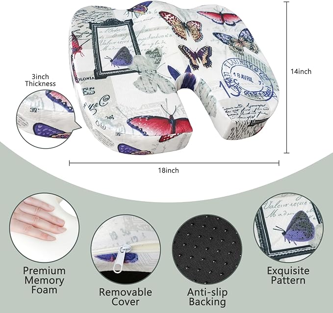 Pressure Relief Memory Foam Seat Cushion, 14x18 inches, Butterfly Pattern, Multicolor, Modern Style, For Office, School, Car, Wheelchair, Home, Plane, Train