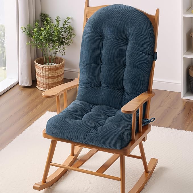 Rocking Chair Cushion - Corduroy Fabric, High-Density Sponge, Durable Comfort Non-Slip Bottom Tufted Seat Pads with Ties, Corduroy︱Dark Blue, 44x19x4 inch
