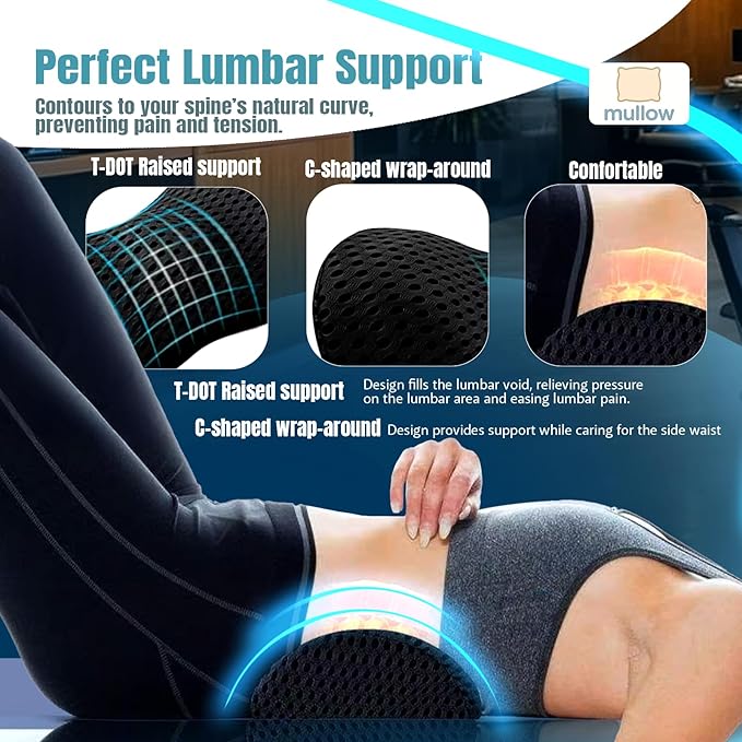 Mullow® Lumbar Support Pillow for Office Chair | for Low Back Pain Relief | Memory Foam Ergonomic Sreamline | for Car, Office Chair, Home, Bed, Seat Cushion