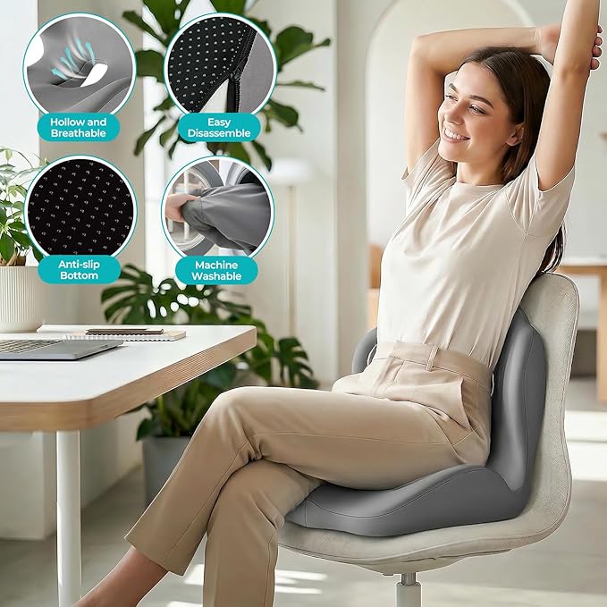 Memory Foam Seat Cushion with Lumbar Support Pillow for Truck Driver, Ergonomic L-Shaped Car Seat Cushion for Tailbone Pressure Relief, Non-Slip Chair Pad for Long Driving, Gray