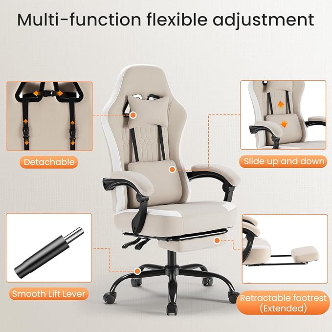 DUMOS Gaming Chair with Linkage Armrests, Video Game Chairs with Pocket Spring Cushion, Ergonomic Computer Silla Gamer Office Desk Chair with Footrest for Adults & Students, Khaki