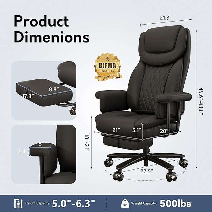 Executive Office Chair Big and Tall 500LBS, 165° Reclining Office Chair with Footrest, Leather Desk Chair with Quiet Rubber Wheels, Height Adjustable, Padded Arms, Black