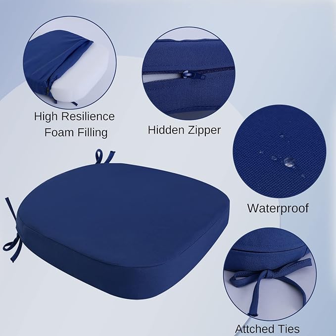 idee-home Outdoor Chair Cushions Set of 2, 19" x 19" x 3" Thick D-Shaped Patio Furniture Outdoor Seat Cushions Waterproof with Ties, Dining Pads