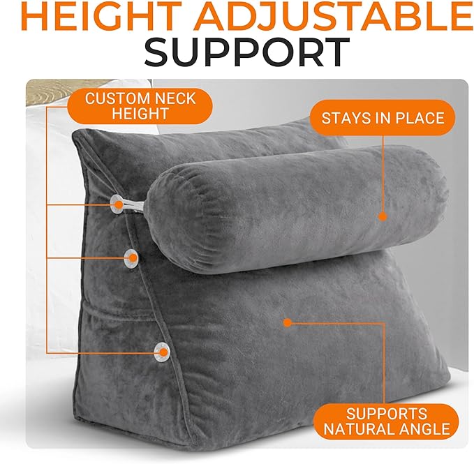 Cheer Collection Reading Wedge Pillow - Adjustable Wedge Reading Pillow with Neck Support, Hollow Fiber-Filled Backrest Pillow for Reading, Gaming, and TV Watching, Gray