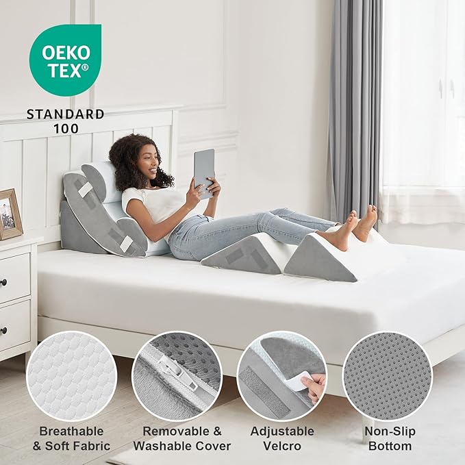 Hansleep Bed Wedge Pillow Set for After Surgery 6PCS, Post Surgery Pillow for Sleep Apnea and Acid Reflux Relief, Adjustable Reading Pillows Back Support with Memory Foam, White, 20"