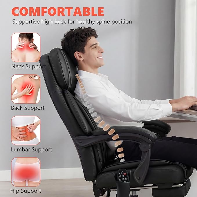 HOMCOM Massage Office Chair with Lumbar Heat, Ergonomic Executive Desk Chair with Adjustable Headrest, 6 Points Vibration, High Back, Reclining, Padded Armrests, Footrest, PU Leather, Black