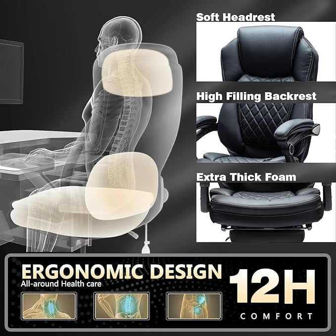 400lbs Reclining Office Desk Chairs with Footrest PU Leather Big Tall High Back Recliner Office Chairs with Wheels, Plus Size Managerial Executive Chair (Black)