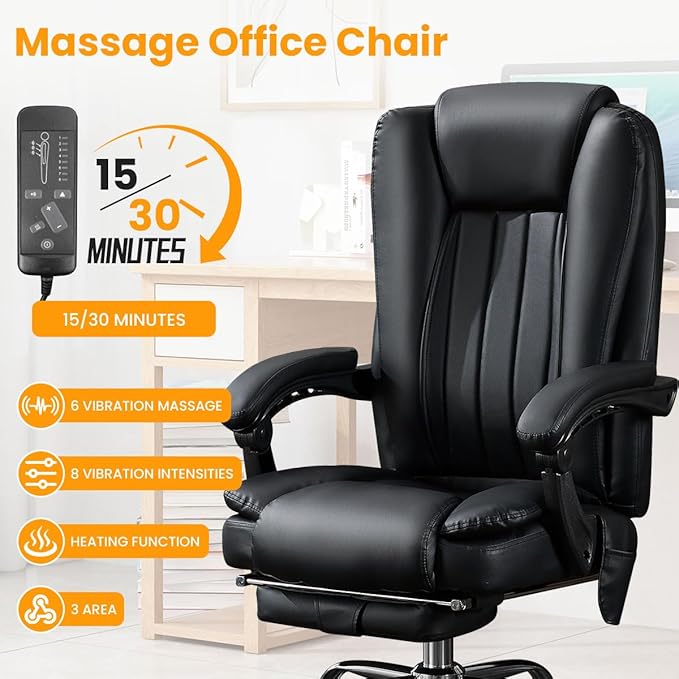 6 Points Vibration & Heat Massage Office Chair with Foot Rest,500lbs Big and Tall Office Chairs,Ergonomic Reclining Desk Chair for Home Office,Gaming