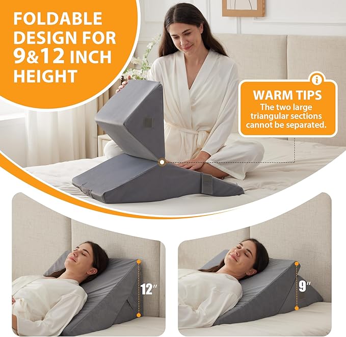 Ruqmuis Bed Wedge Pillow for Sleeping, 9&12 Inch Adjustable Wedge Pillow Set for After Surgery, Triangle Pillow for Back Pain Relief, Leg Support, Acid Reflux, Gerd, Velvet