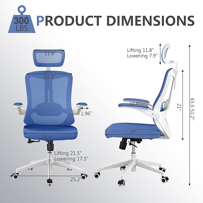 350 LBS Ergonomic Office Computer Mesh Chair - Adjustable Height Rolling Desk Chair with Flip-Up Armrests & High Back Support - Comfortable Swivel Task Chair for Home Office (03BLUE)