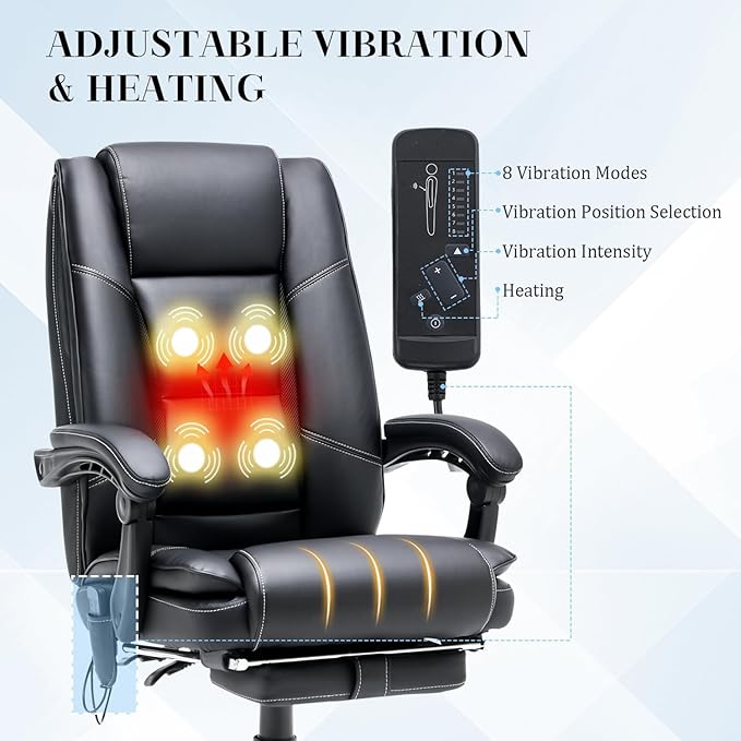 HOMREST Executive Office Chair with Heat and Massage, High-Back PU Leather Ergonomic Desk Chair with Retractable Footrest and Link Armrests, Reclining Computer Chair for Home Office (Black)