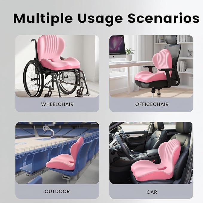 Ergonomic Office Chair Seat Cushion, L-Shaped Memory Foam Coccyx Cushion for Tailbone Pain Relief, Orthopedic Car Seat Cushion with Lumbar Support & Cutout Hollow for Sciatica & Back Pain (Pink)