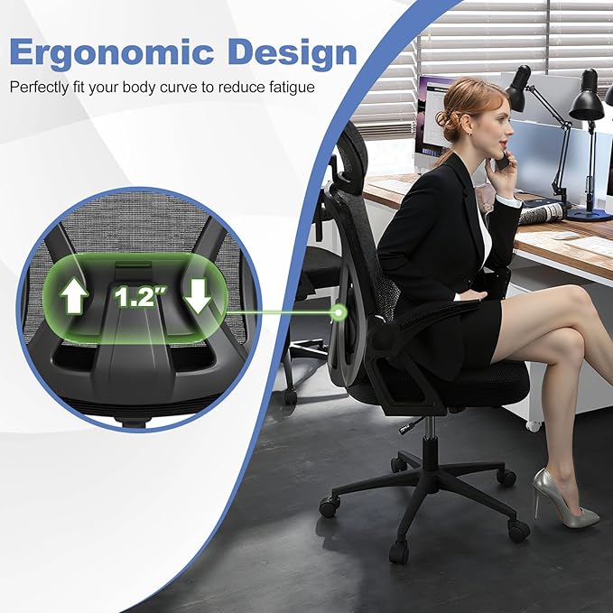 Giantex Ergonomic Mesh Office Chair, Computer Chiar with 2D Headrest, Flip-up Padded Arms & Rocking Function, High Back Desk Chairs for Home, Black