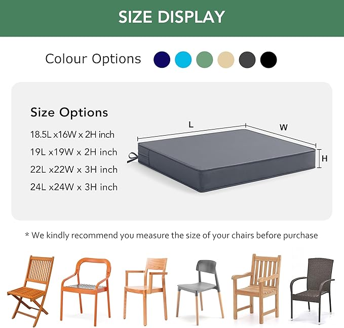 Outdoor Chair Cushions Set of 2: Waterproof & Color Fastness Seat Cushion for Patio Furniture - 22 x 22 x 3 Inch Chair Pads with Ties and Hidden Zipper - Patio Chair Cushion Replacement, Dark Grey
