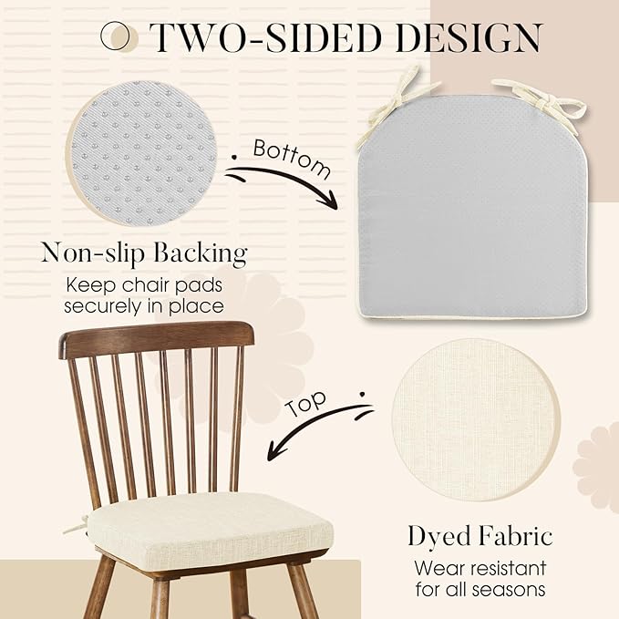 Basic Beyond Chair Cushions for Dining Chairs 4 Pack, Kitchen Chair Cushions with Ties and Non Slip Backing, 16 x 16 inches Chair Pads for Dining Chairs (Beige)