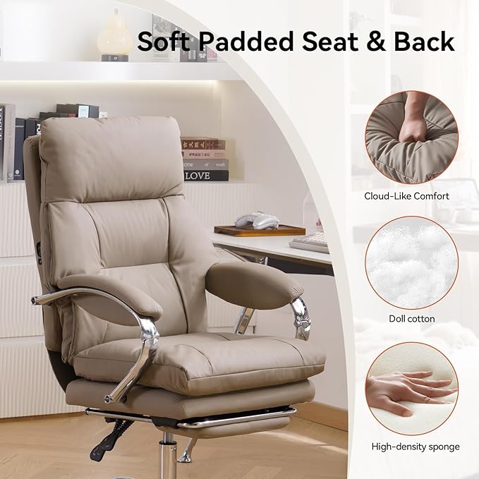 LEAGOO Office Chair with Foot Rest, Ergonomic Executive Office Chair with Arms, Reclining High Back PU Leather Comfy Swivel Computer Desk Chairs with Wheels (Camel)