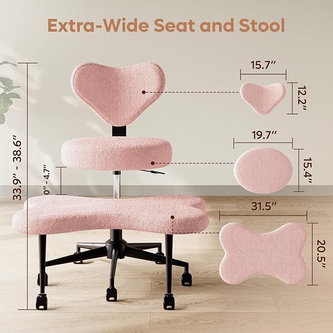 Pinmoco Pink Criss Cross Chair with Heart Shaped Backrest, 31.5" Cross Legged Office Chair with Teddy Fleece, Armless Swivel Desk Chair for Home Office, Vanity & Reading, Adjustable Height