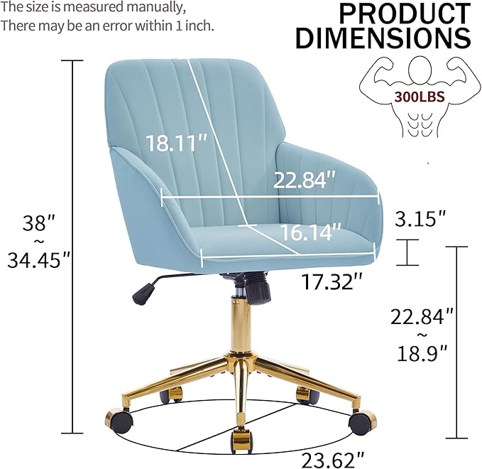 Velvet Home Office Desk Chair, Modern Cute Computer Task Chair with Back, Height Adjustable Upholstered Vanity Chair with Swivel Wheels for Women, Girls (Gold Base, Light Blue