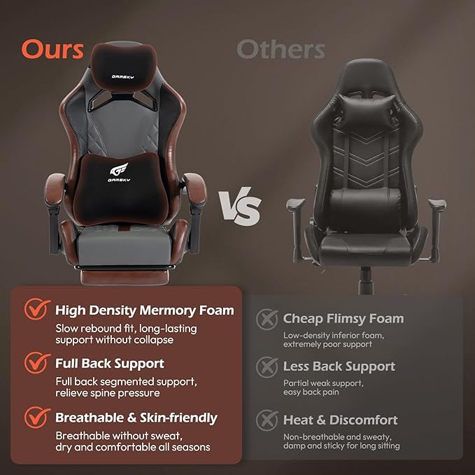 Ergonomic Gaming Chair for Adults with Footrest - PU Leather Computer Gamer Chair with Memory Foam Headrest & Lumbar Pillow, Reclining Silla Gamer Video Game Chair for Home Office, Black & Grey