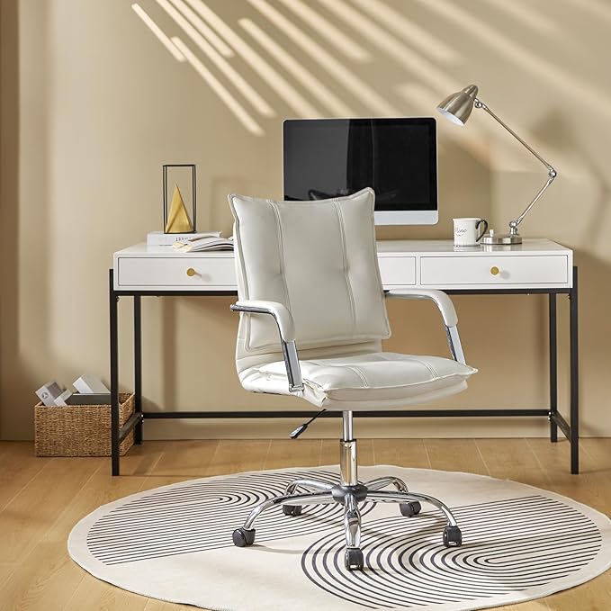 HULALA HOME Faux Leather Home Office Desk Chair, Adjustable Swivel Computer Chair with Sliver Legs and Arms, Comfy Upholstered Task Chair(White)