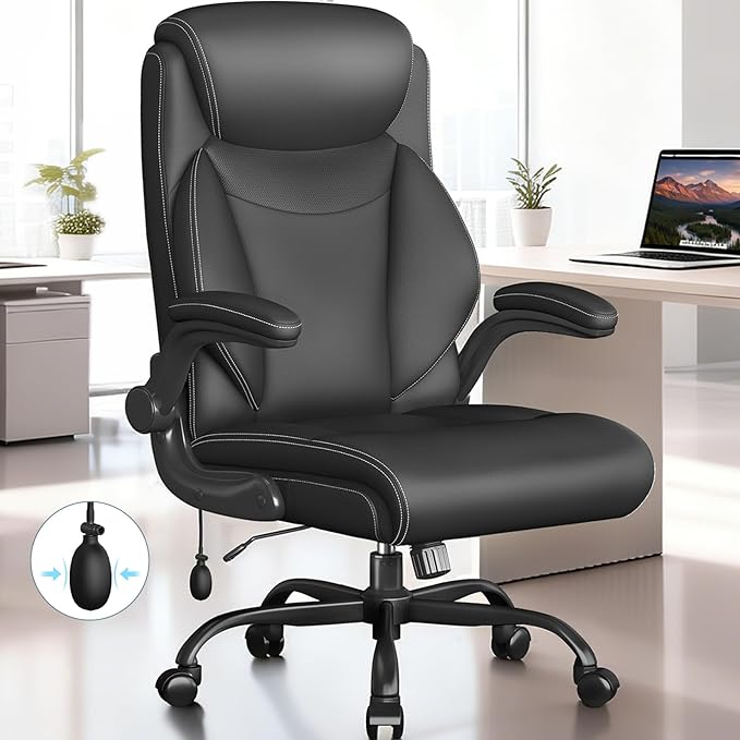 Ergonomic Office Chair, Home Desk Computer Chair, High Back Executive Chair- Padded Leather Comfy Chair with Adjustable Lumbar Support & Flip-Up Arms, Rocking Swivel Chair for Home Office,Black