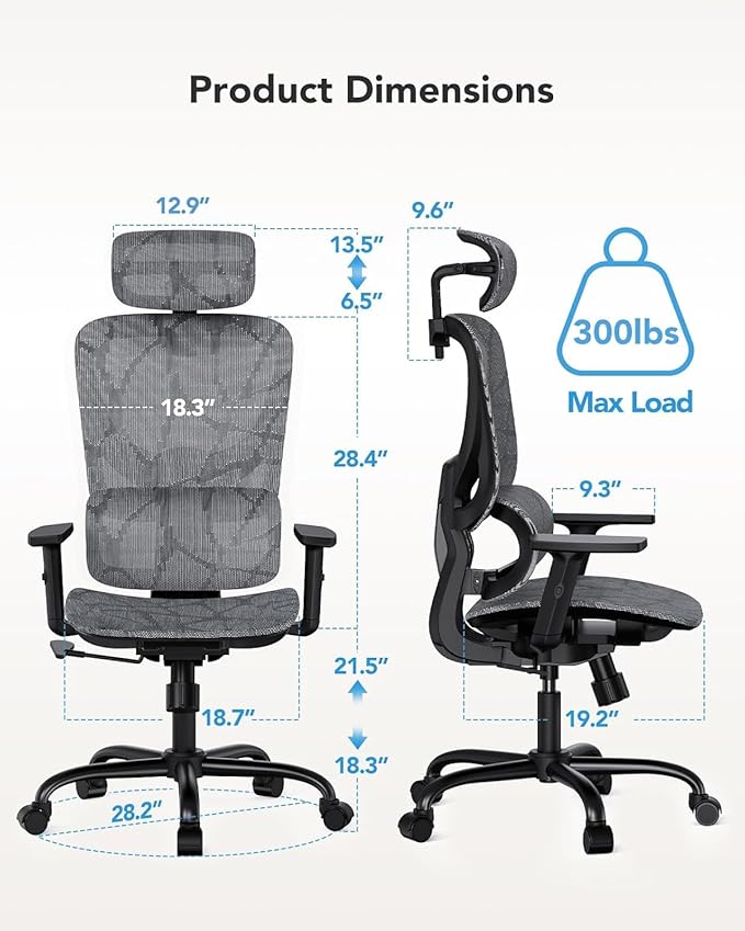 HUANUO Ergonomic Mesh Office Chair with 5-Level Lumbar Support, Computer Gaming Chair with Adjustable Headrest & Armrests, Rocking Tilt, Comfortable High Back Desk Chair for Home Office,2 Pack