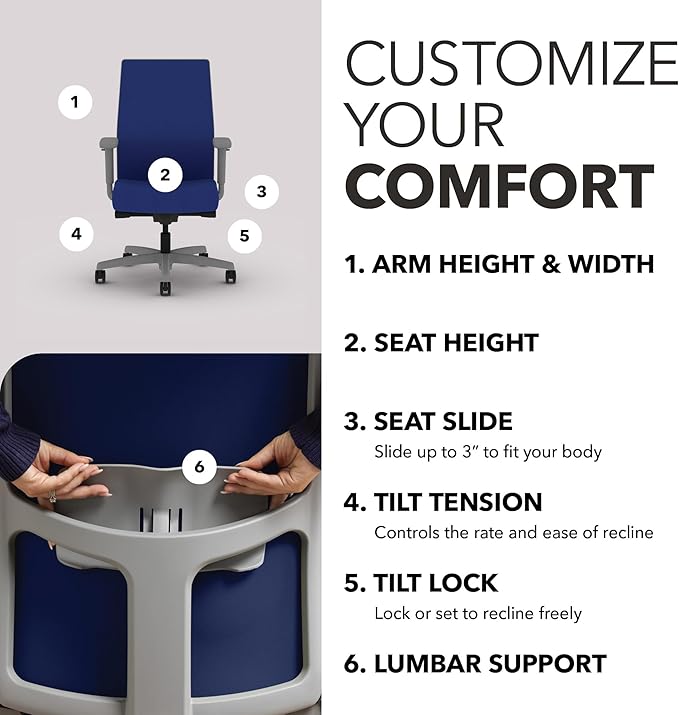 HON Ignition 2.0 Mid Back Task Chair, Spectrum Mesh, Advanced Synchro-Tilt Control, Office Chair with Lumbar Support, Height and Width Adjustable Arms, Titanium Frame, Cobalt