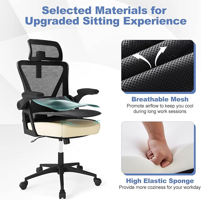 Giantex Ergonomic Mesh Office Chair, Computer Chiar with 2D Headrest, Flip-up Padded Arms & Rocking Function, High Back Desk Chairs for Home, Black