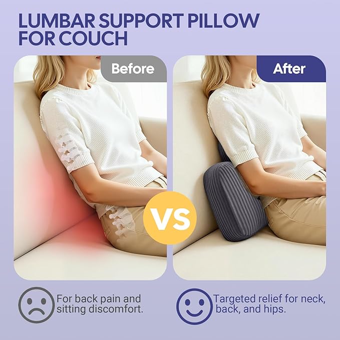 Lumbar Support Pillow for Recliner, Back Support Pillow for Office Chair, Ergonomic Corduroy Cloud pillow with Shredded Foam , Lower Back Pain Relief for Gaming Chair, Couch, Dark Grey