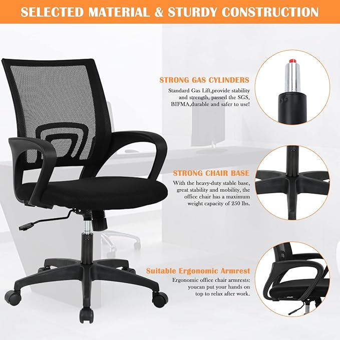Office Chair, Desk Chair with Lumbar Support Arms, Adjustable Computer Chair with Breathable Mesh Backrest, Home Office Desk Chairs for Student, Adults, Study, Dorm, Comfortable Office Chair(Black)