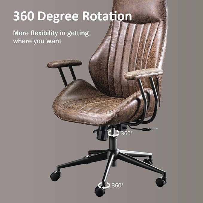 High Back Home Office Chair, Mid Century Vintage Executive Chair,Comfy Ergonomic Rolling Office Task Chair with Lumbar Support,Brown Faux Leather Office Chair,Dark Brown