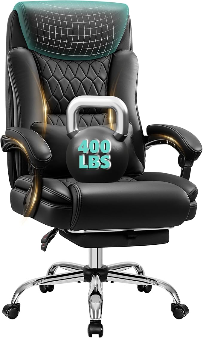Big and Tall Office Chair 400lbs - Wide Memory Foam Seat with Spring Pack, Reclining Executive Desk Chair with Footrest, Ergonomic Heavy Duty High Back Computer Chair, Black