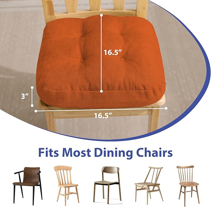 IASEAHK Chair Cushions for Dining Chairs, Dining Chair Cushions, Tufted Indoor Chair Pads with Ties & Non Slip Backing, Seat Cushions for Kitchen Chairs 16.5” x 16.5” x 3.5”, Set of 4, Orange