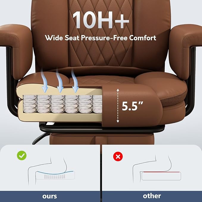 Executive Office Chair Big and Tall 500LBS, 165° Reclining Heavy Duty Office Chair with Footrest & Quiet Rubber Wheels, Height Adjustable, Soft Strong Padded Arms, Brown