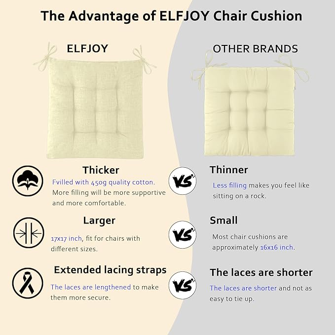ELFJOY Rocking Chair Cushion Large Rocking Chair Pads with Ties Premium Linen High Back and Seat Cushion 2 Piece Set Linen White