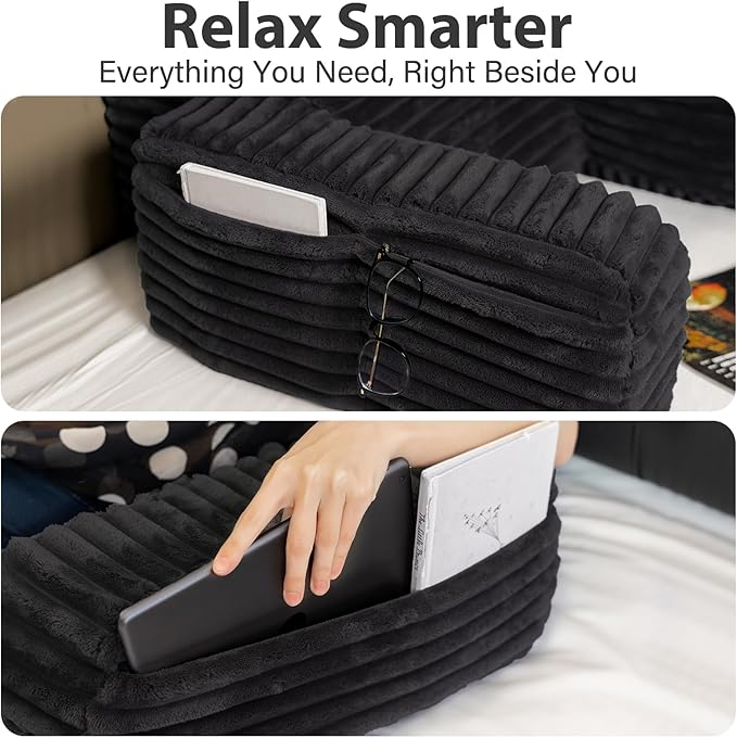 ENITYA Reading Pillow for Bed Sitting Up, 24” XXL Back Support Pillow with Arms & Large Pockets, Adult Backrest for Reading, TV, Gaming, Post-Surgery, Black