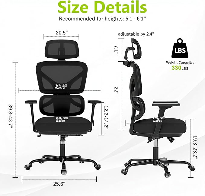 Ergonomic Office Chair Mesh Desk Chair with Lumbar Support and Headrest, High Back Computer Chair with Armrest and Tilt Lock, Home Office Desk Chairs for Men Women