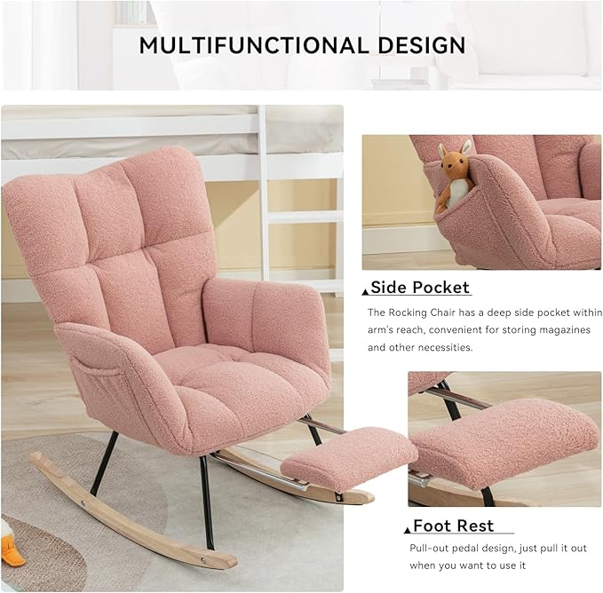 FOXHUNTER Rocking Chair Nursery with Foot Rest, Teddy Glider Rocking Chair for Nursery Upholstered Rocker Recliner Chair, Comfy Armchair with Adjustable Footrest for Living Room Bedroom, Pink Teddy